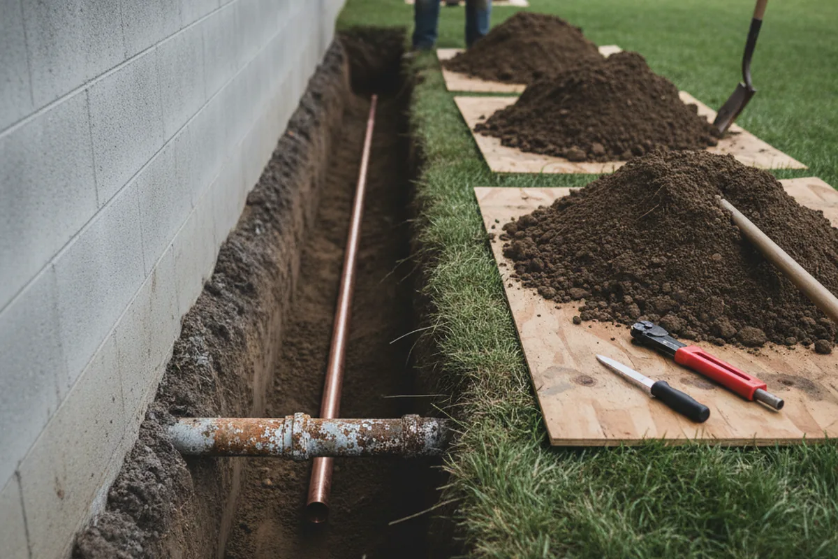 Excavated water line trench during Water Softener Installation in Sassafras